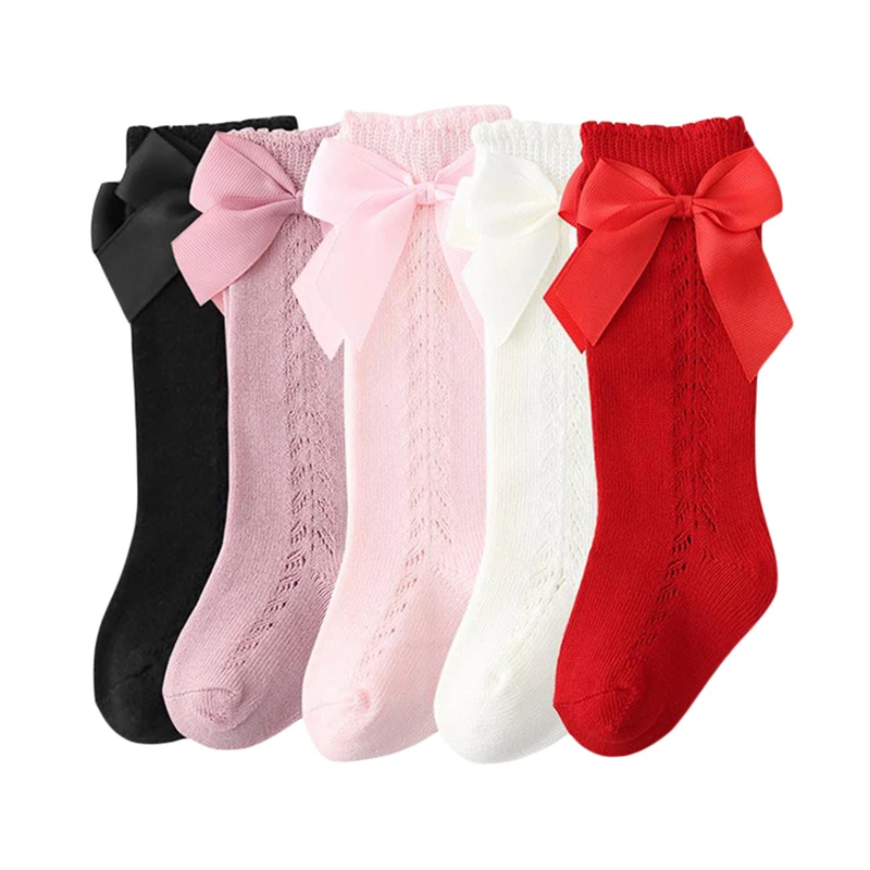 Baby Girl Knee High Socks Summer Toddler Infant Soft Knit Long Socks Hollow Out Stockings with Bow