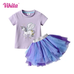 VIKITA Girls Clothing Sets Summer Cartoon T-shirts+Skrits Shorts Kids Clothes Casual Clothing Sets Cotton Children Toddler Suits