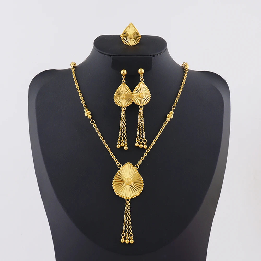 

Trendy Gold Color Water Droplet Shape Earrings Necklace Ring Set Gold Plated Arabic Tassel Women Wedding Party Ramadan Jewelry