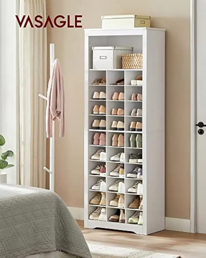 10 Tier Tall Vertical Wood Shoe Storage Cabinet Rack Holds Up 30 Pairs Shoes Entryway 248 X 126 X 737 Inch Cloud White HELAN Col