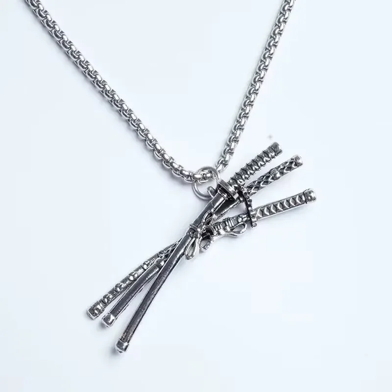 Retro Punk Weapon Three Swords Pendant Necklace Men's Trend Cosplay Hip Hop Fashion Accessories