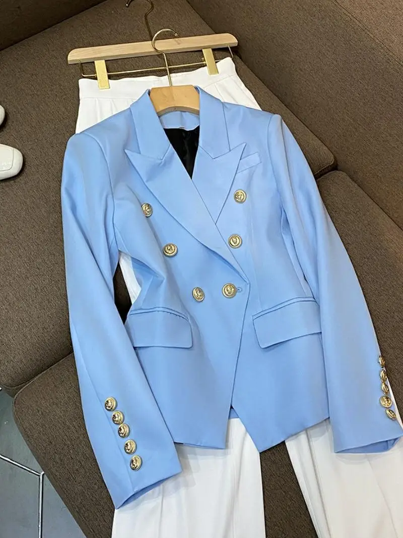 HIGH STREET Newest 2024 Designer Jacket Fashion Women's Classic Slim Fitting Double Breasted Lion Metal Buttons Blazer Baby Blue