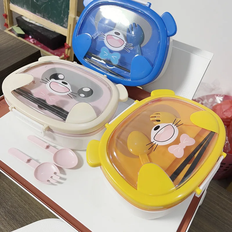 

Oval Double Compartment Cute Bear Bento Box Cartoon Plastic Lunch Box 800-1000ml Complete Tableware Dishes Set For Kid Student