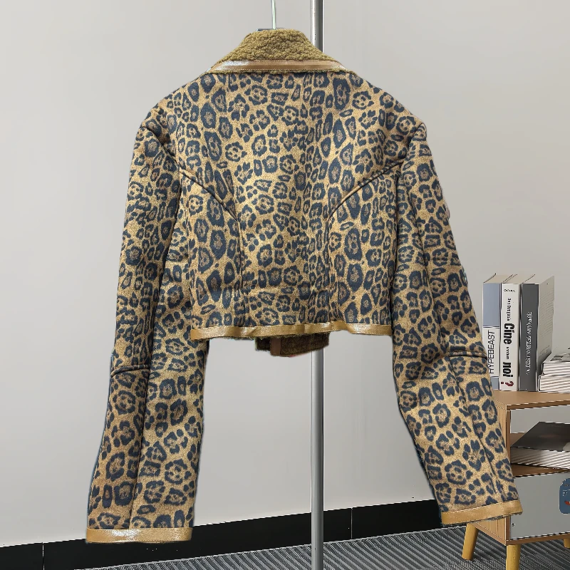 Jesień Zima Nowe Kobiety Vintage Leopard Print Krótka Kurtka Nieregularny Dół Długi Rękaw Ciepły Faux Lambswool Płaszcz Damski Czarny Khaki