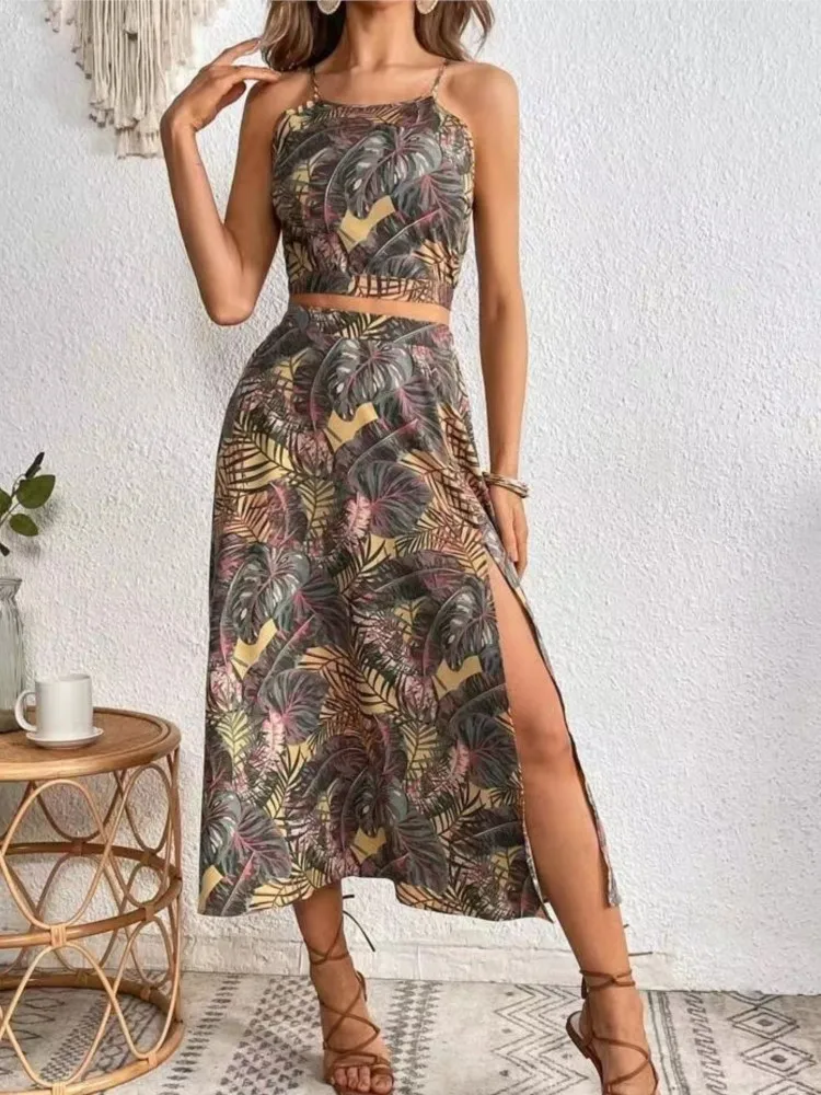 Boho Sexy Skirts Two Piece Set Women Summer New Spaghetti Strape Crop Tops High Slit Skirts Suit Botanical Print 2 Piece Sets