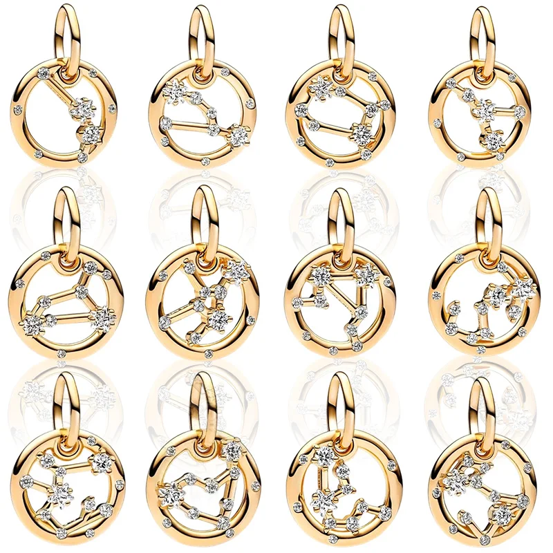 Złocone, błyszczące koraliki z zawieszkami z 12 znakami zodiaku, pasujące do oryginalnych srebrnych bransoletek i naszyjników, do samodzielnego tworzenia biżuterii, prezent dla kobiet.