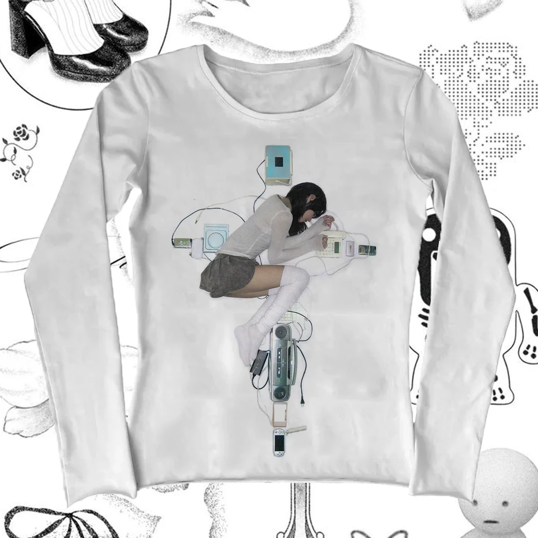 90er Jahre Vintage Kleidung für Frauen Frühling 2025, Frau Crop Top Frauen Grafik T-Shirts Y2k Kitty Langarm Damen T-Shirts Star Girl Y2k
