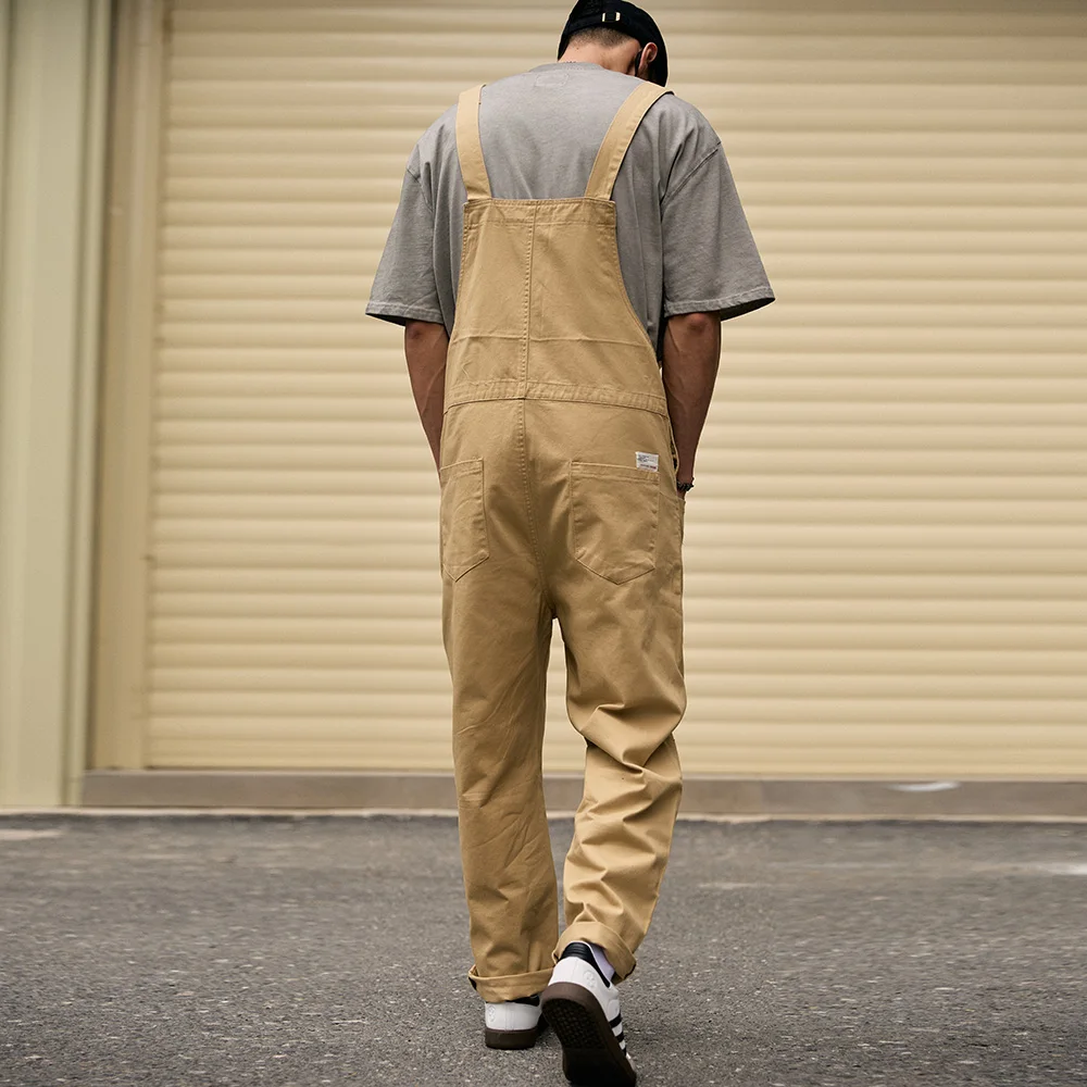 Men's Loose Khaki Bib Overalls Casual Big Pockets Cargo Pants Adjustable Suspenders Jumpsuits Coveralls Dungarees