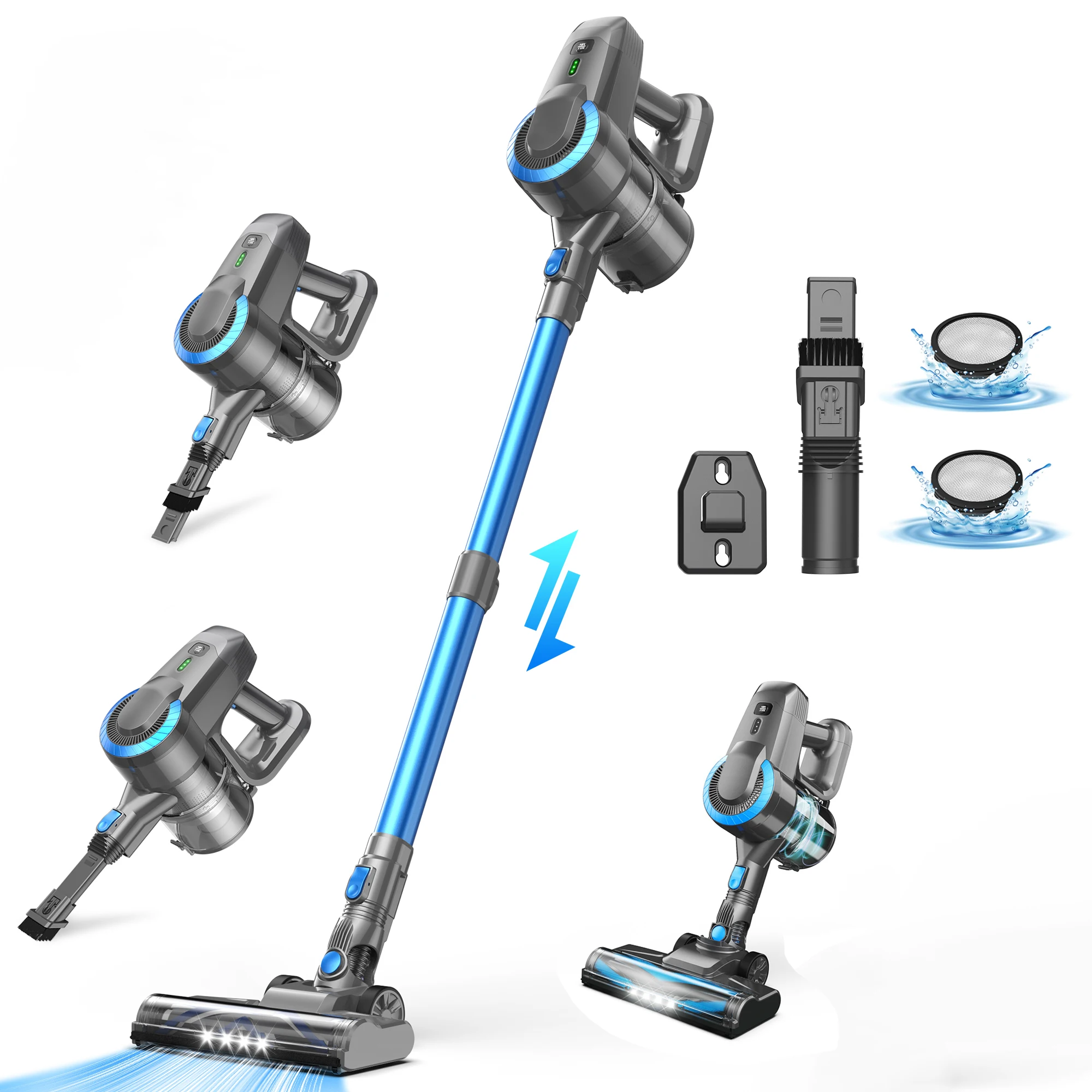 YISORA N3P Kabelloser Staubsauger – 28 kPa Saugkraft, leichter Stiel- und Handstaubsauger mit LED-Scheinwerfern, 1,2 l großer Staubbehälter