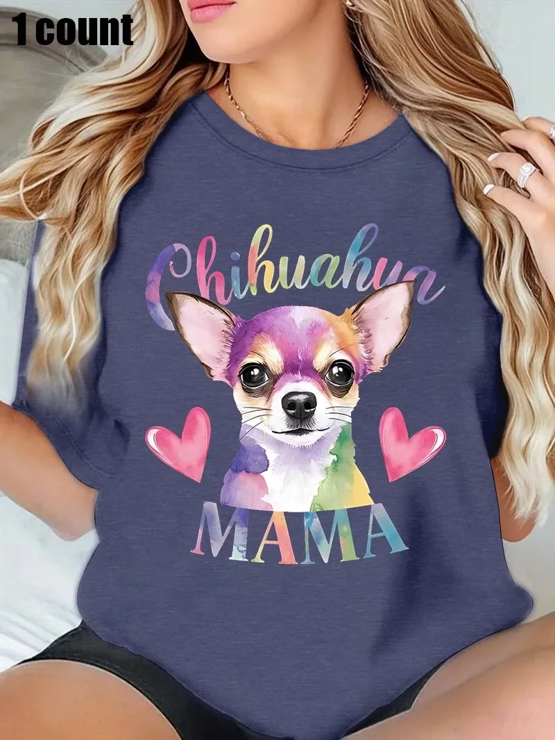 بالإضافة إلى - تي شيرت أبيض برقبة دائرية - قميص مع تشيهواهوا - ماما - طباعة تحت عنوان: حيوان أليف - محب وملون - مصمم