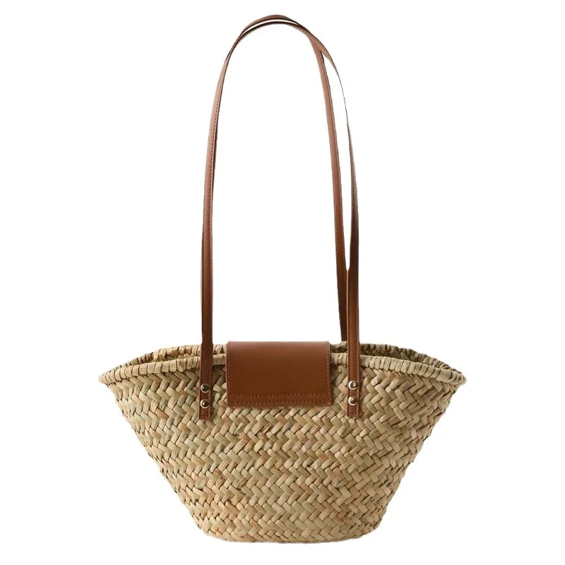 Casual Rattan Basket Bag Natural Wicker Woven Women Shoulder Bags Vintage Handmade Summer Beach Bag Large Capacity Tote Purses