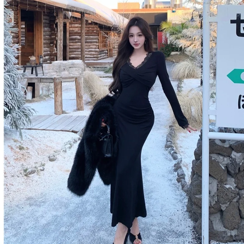 Ele longo malha dr v-ne camada de base de renda feminina faion cintura alta outono inverno novo sle avançado sentido dr