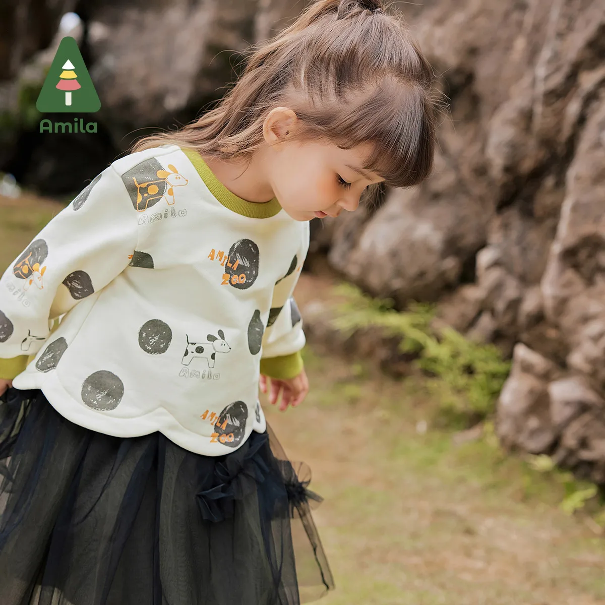 Amila Baby Dress 2024 Autumn New Girls Original Fake Two-Piece Round Neck Polka Dot Top Contrast Color ChildrenâS Gauze Skirt