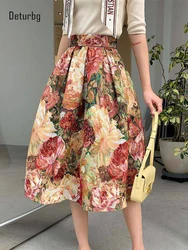 Women's Vintage Oil Painting Floral Skirt Korean Fashion High Waist Pockets Jacquard Thickened Skirts S-XXXL 2024 Spring K219