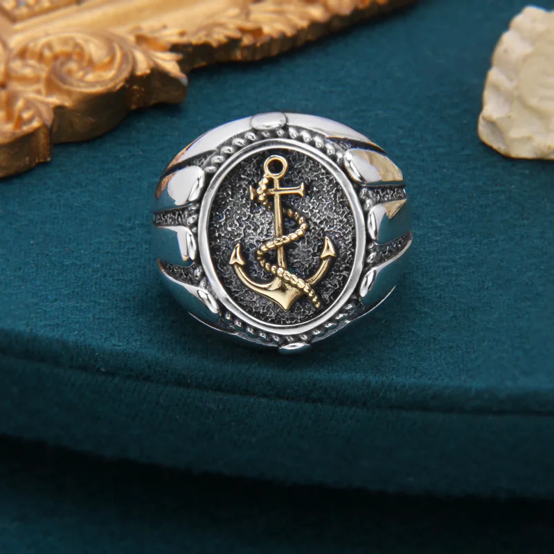 MAYONES New S925 Sterling Silver Vintage Personalized Boat Anchor Open Ring Men's Gift