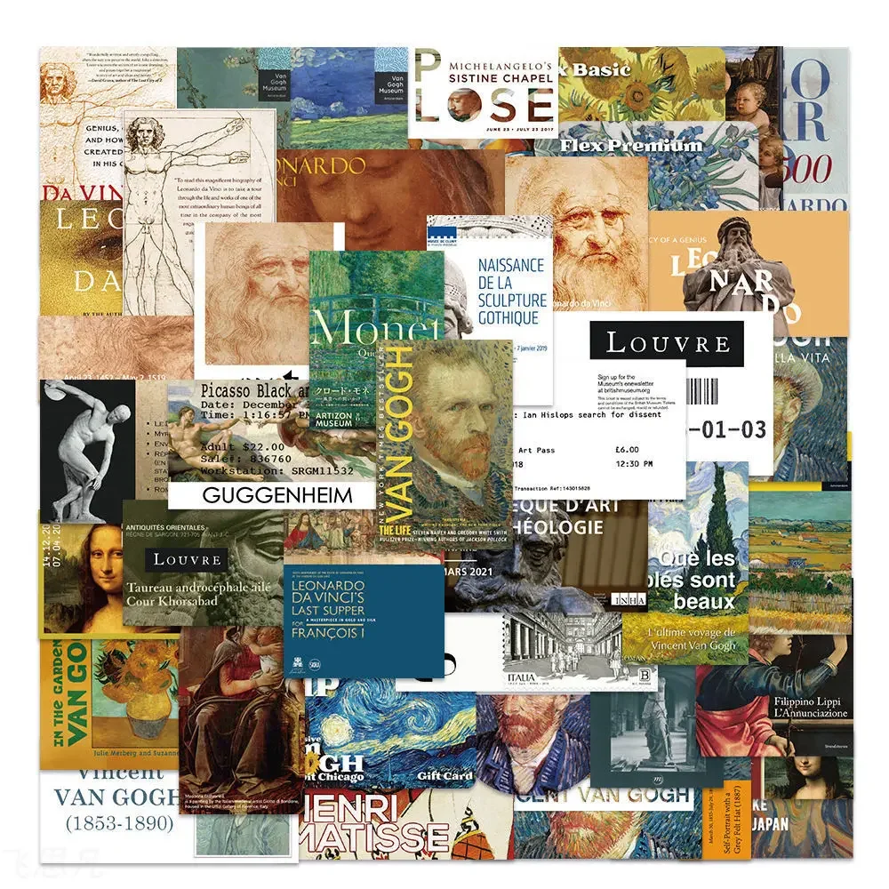 Waterproof Stickers for World Famous Paintings Artist Museum Ticket Stubs Leonardo Da Vinci Cell Phone Decoration 50 Pieces