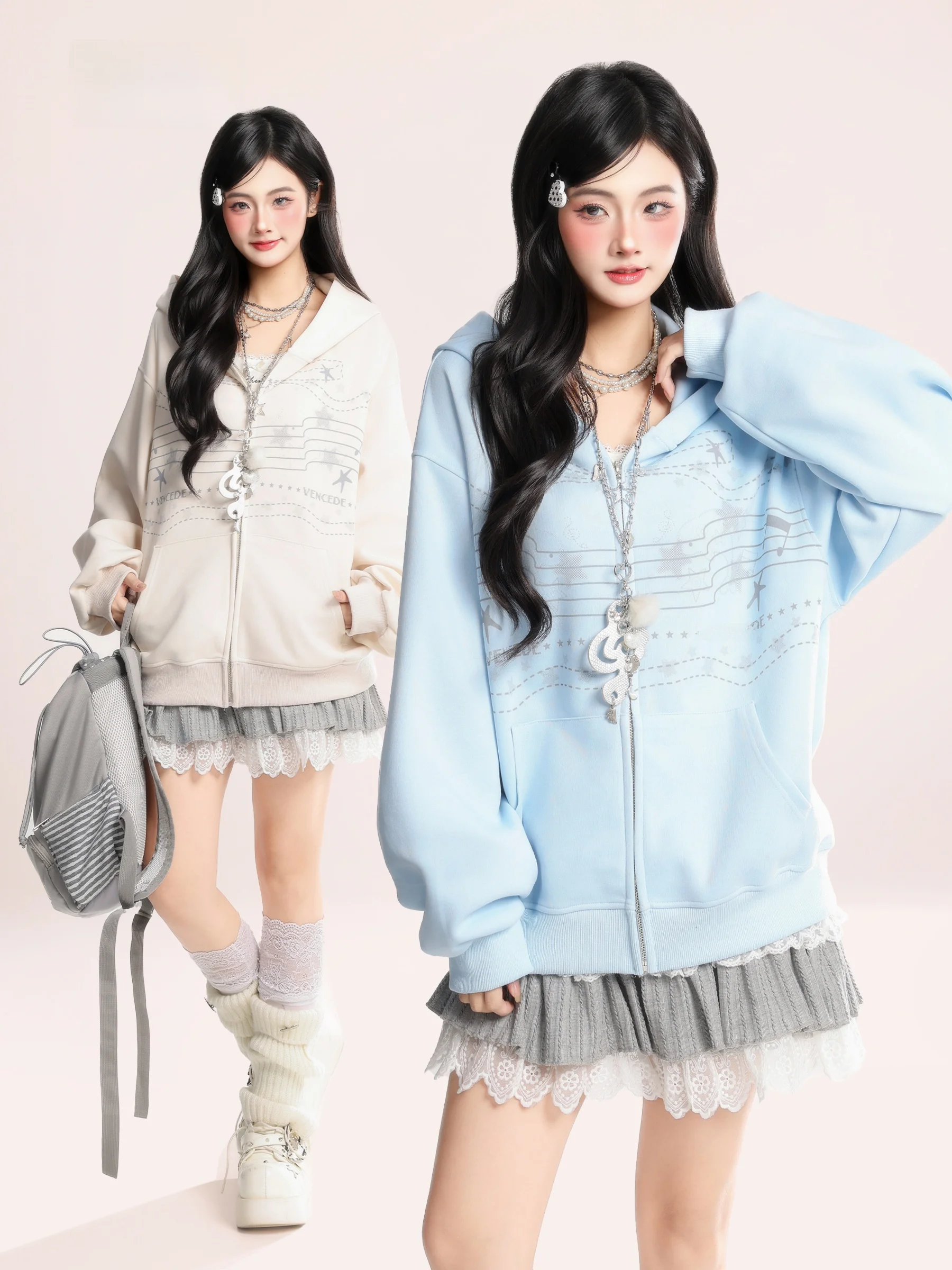 

American Retro Star Note Print Hooded Open Cardigan Sweatirt Women's Spring New Loose Casual Outerwear Trendy