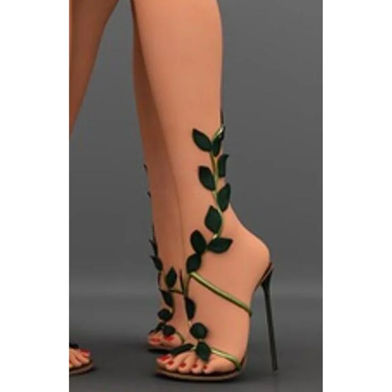 Sandalias con decoración de hojas Para mujer, Zapatos de punta abierta con correa en T, tacón fino y alto, Sexy, Para verano, 2023