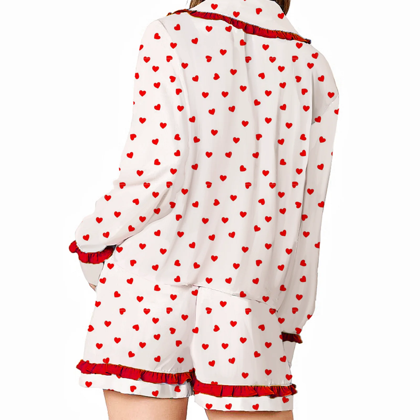 Women Pajamas Set Heart/Bow Print Tie Front Long Sleeves Tops and Elastic Shorts for Loungewear Soft Sleepwear