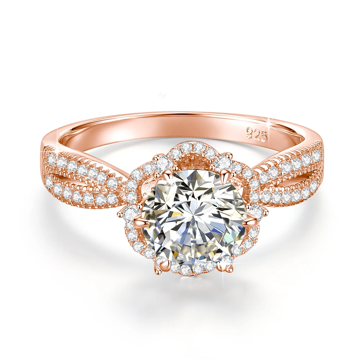 Vintage Kronen-Halo-Ring 18K vergoldet 925 Silber Runder Moissanit-Mittelstein Verlobungs- und Hochzeitsschmuck Geschenk für Frauen – Detail 11