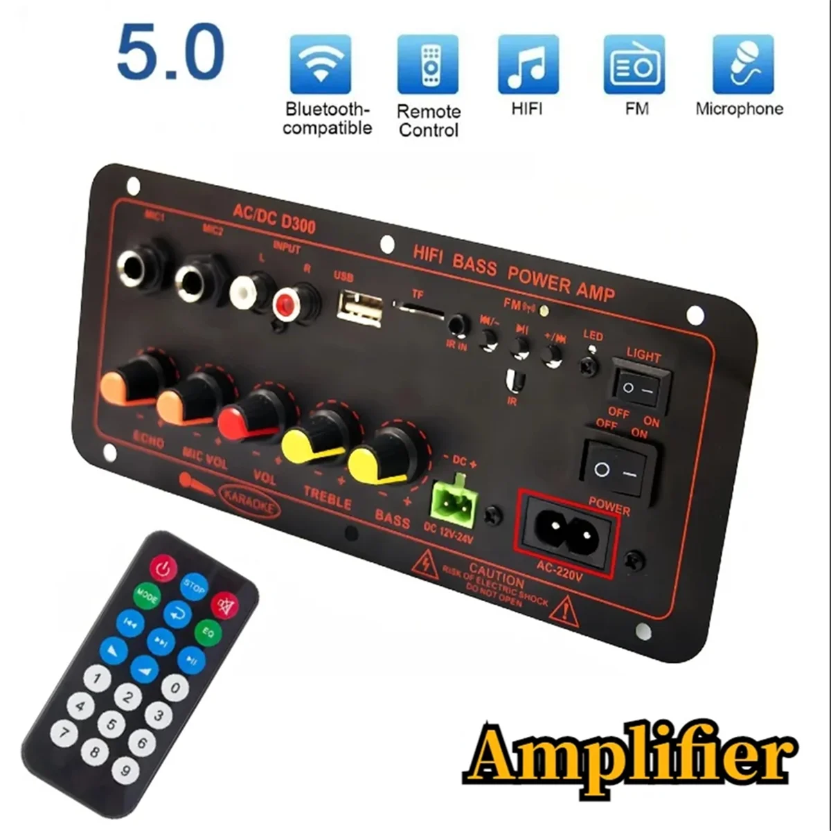 

ABAN Bluetooth5.0 аудио 300 Вт плата усилителя D300 сабвуфер двойной микрофон AMP Amplificatore модуль автомобильный медиаплеер вилка стандарта США