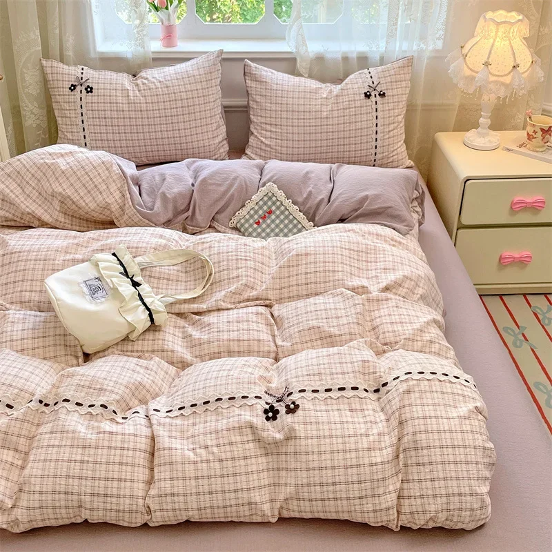 2025 New Class A Kapok Double Yarn Plaid Lace Four-piece Set Sheet Quilt Cover Student Dormitory Bedding Kit