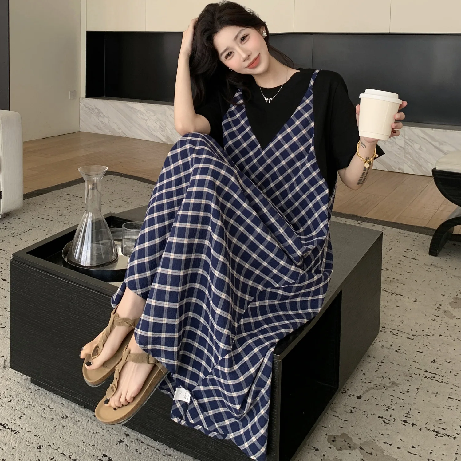 Vestidos de verano de talla grande para mujer, Vestidos falsos de dos piezas con retazos, estilo de vacaciones, camiseta con cuello redondo, ropa informal femenina