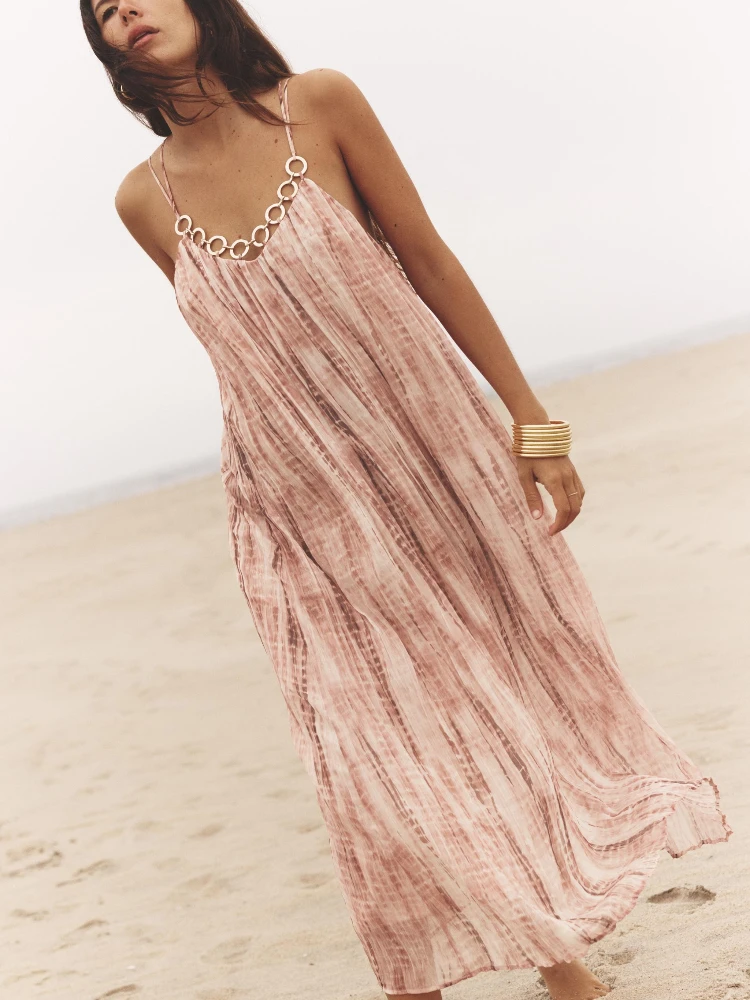 Abito lungo con scollo a V e cinturino spaghetti tie-dye con dettaglio dell'anello – Abito estivo Boho Beach