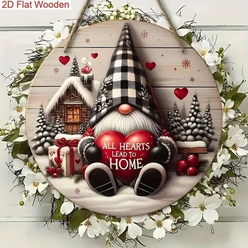 2D Flat, 1pc Festive Gnome Christmas Wooden Sign - Snowy Winter Scene with 