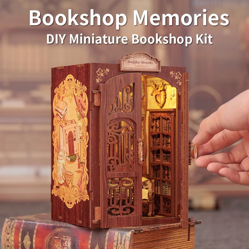 CUTEBEE DIY Book Nook Kit Miniature Wooden Dollhouse with Light Bookshelf Insert Decoration Model for Gifts Bookshop Memories