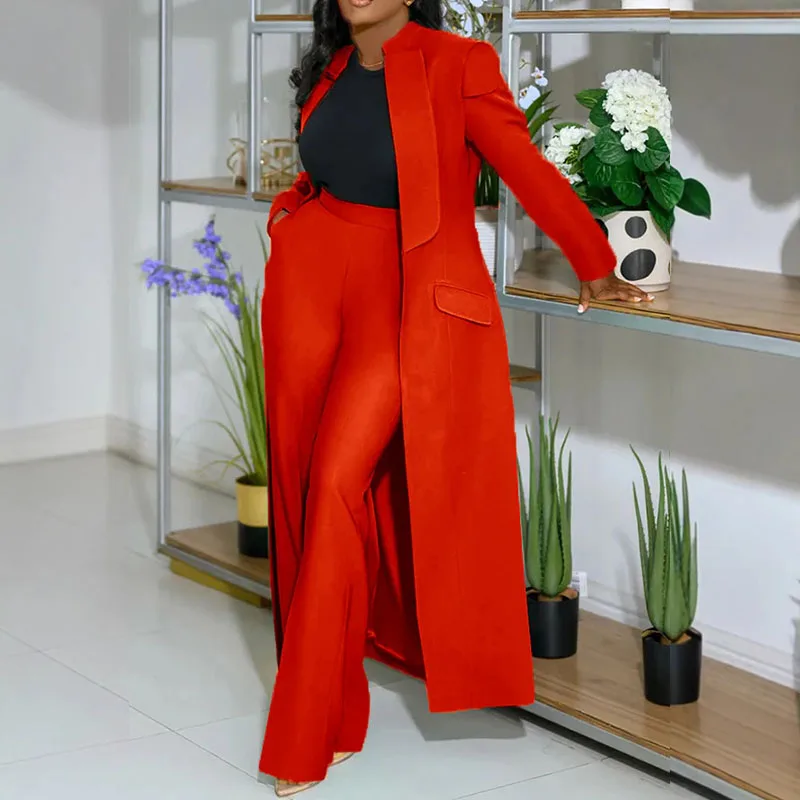 Vintage Elegant Formal Two Piece Set for Women Matching Sets Office Lady Business X-long Blazer Coat and Wide Leg Pant Suits