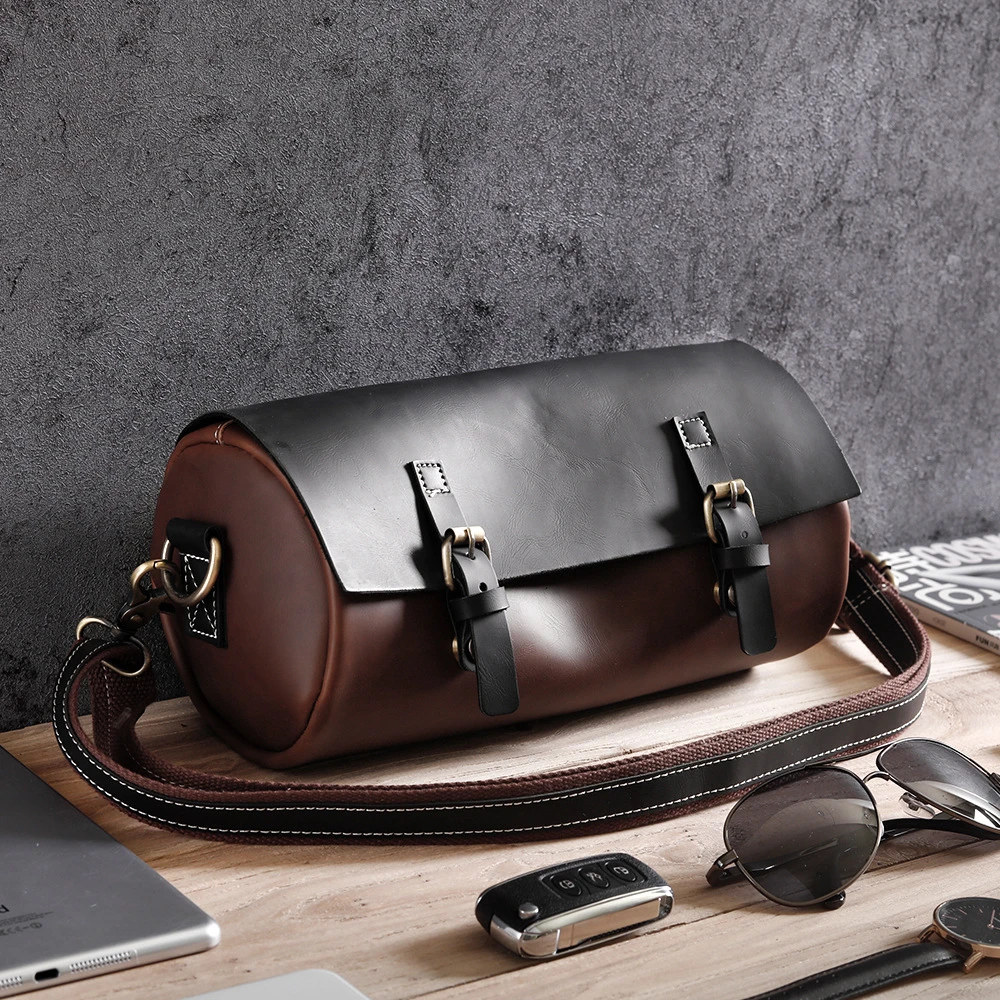 Men\'s bag Fashion Barrel Shoulder Bag Husband Crazy Horse Leather Crossbody Bags Male Vintage Bucket Men Messenger Bags Man