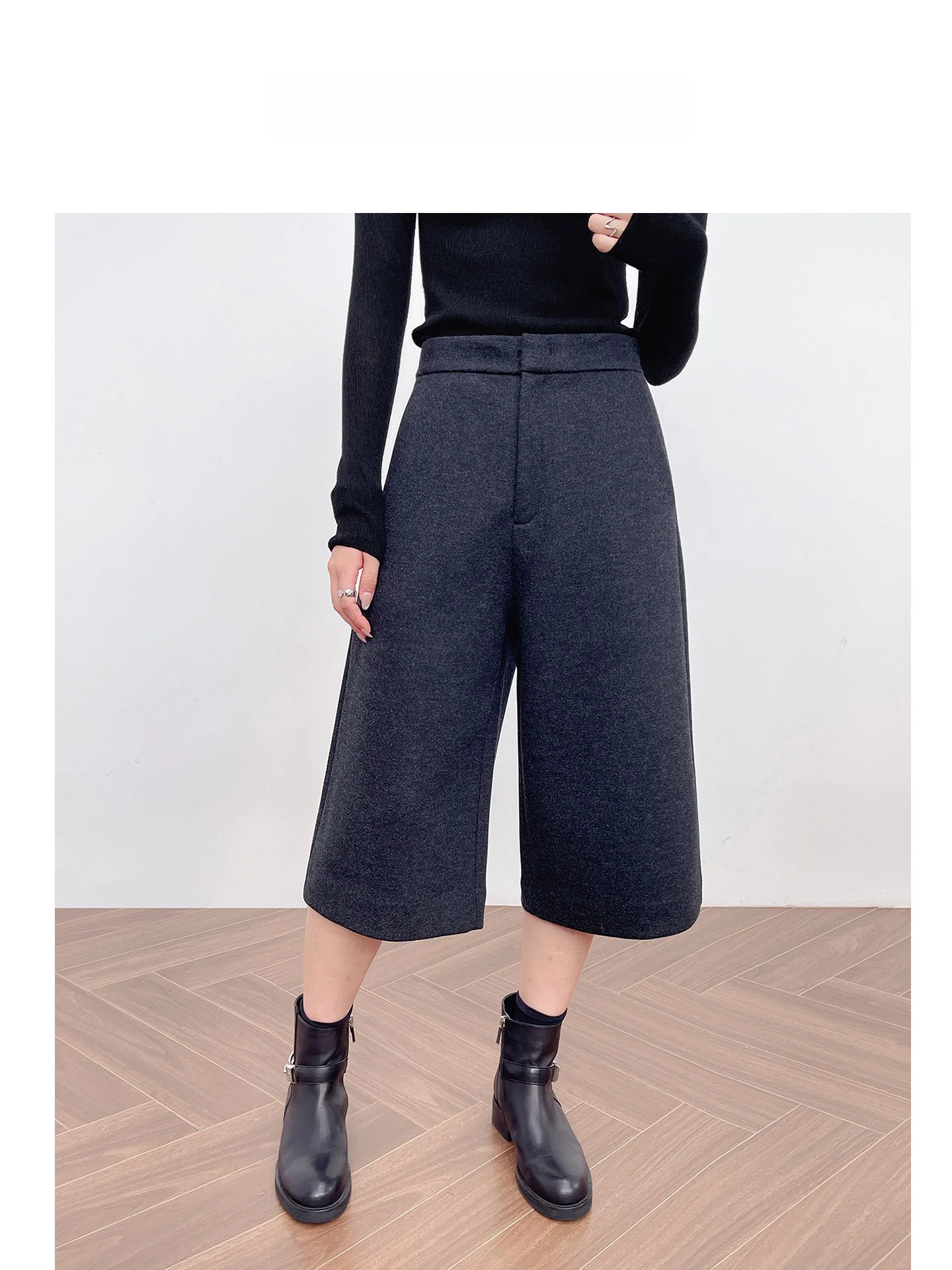 

High Waist Straight Leg Woolen Wide Leg Pants Women's Casual Autumn New Style Grey Black Color Seven Tenths Length Trousers