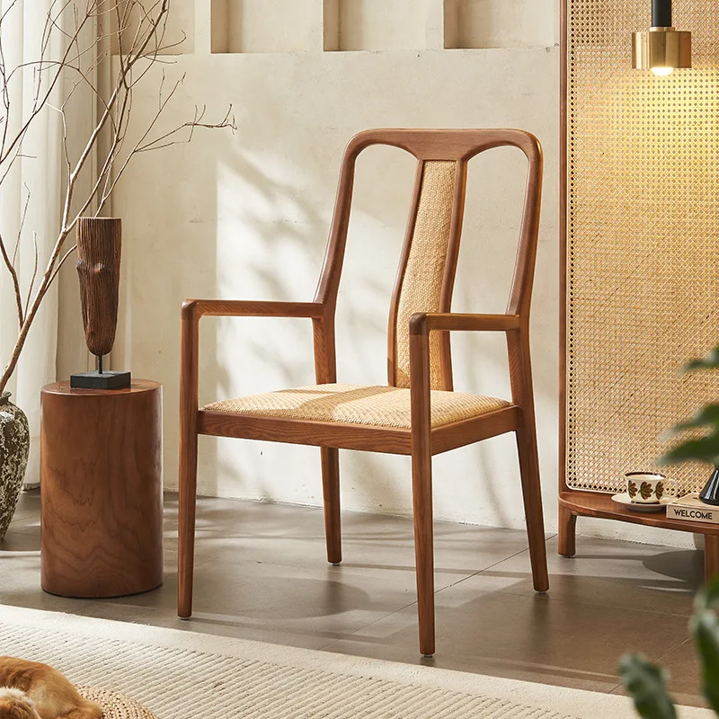 #Nordic simple rattan solid wood rectangular dining table and chair combination small apartment