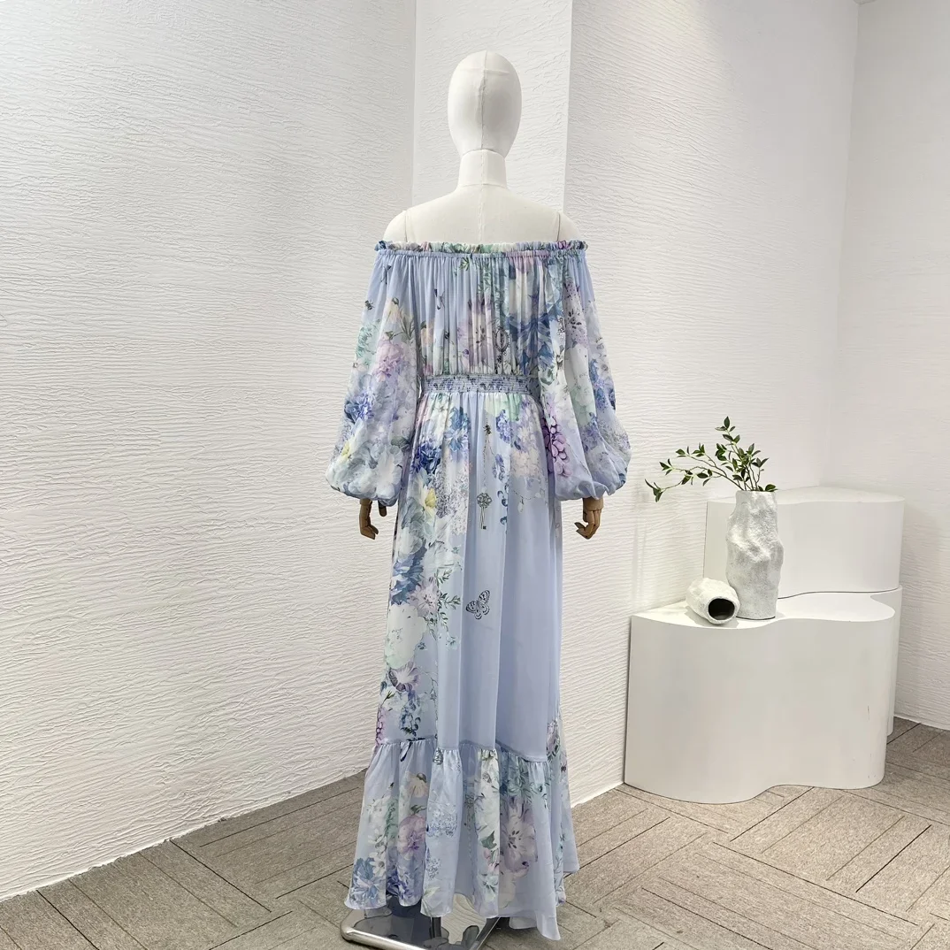 Light Blue Summer Beach Style 2024 New Top Quality Silk Lantern Sleeve Off The Shoulder Floral Print Holiday Women Long Dress