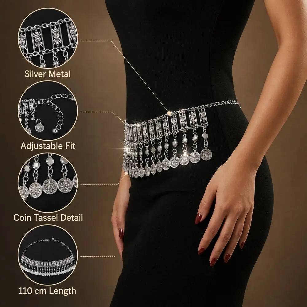 New Metal Belly Dance Belt Adjustable Coin Tassel Tassel Belt Wide Tassel Ethnic Style Waist Chain Belt Belly Dance Performance