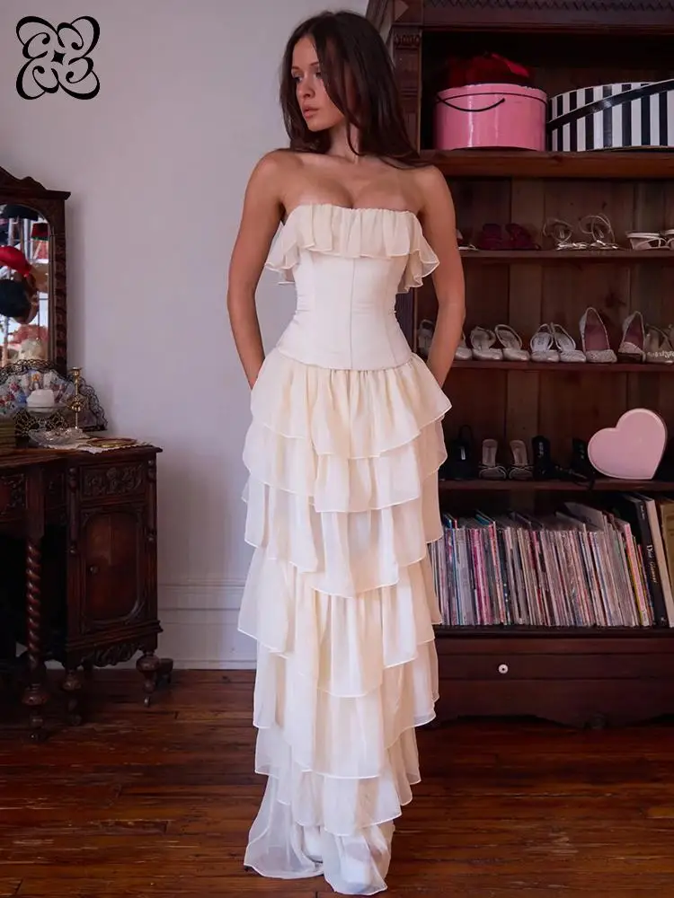 

2026 Vintage Beige Off-shoulder 2 Pieces Set For Women Boho Bodice Ruffled Bridal Dress Tiered Chiffon Wedding Guest Prom Gown