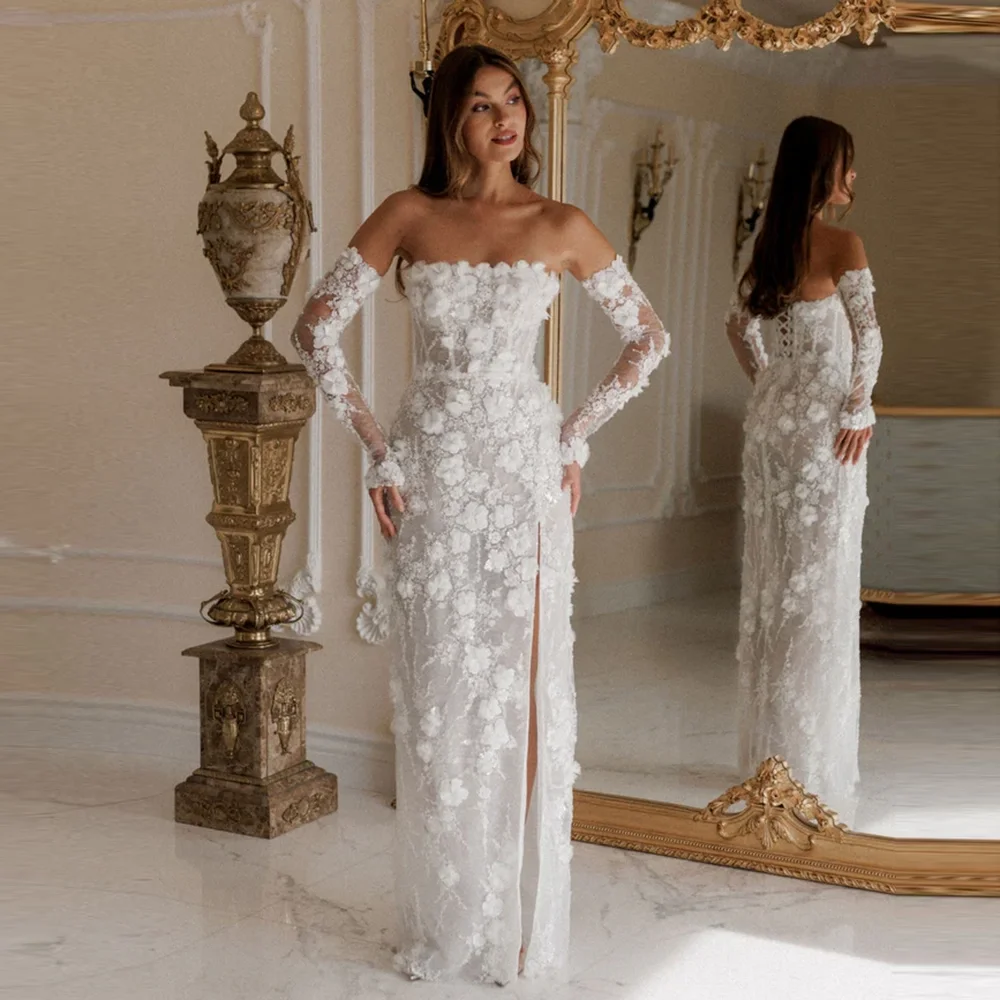 Vestido de novia elegante con cuello barco, encaje Floral, manga 3/4, abertura lateral, con cordones en la espalda, vestido de novia bohemio largo personalizado