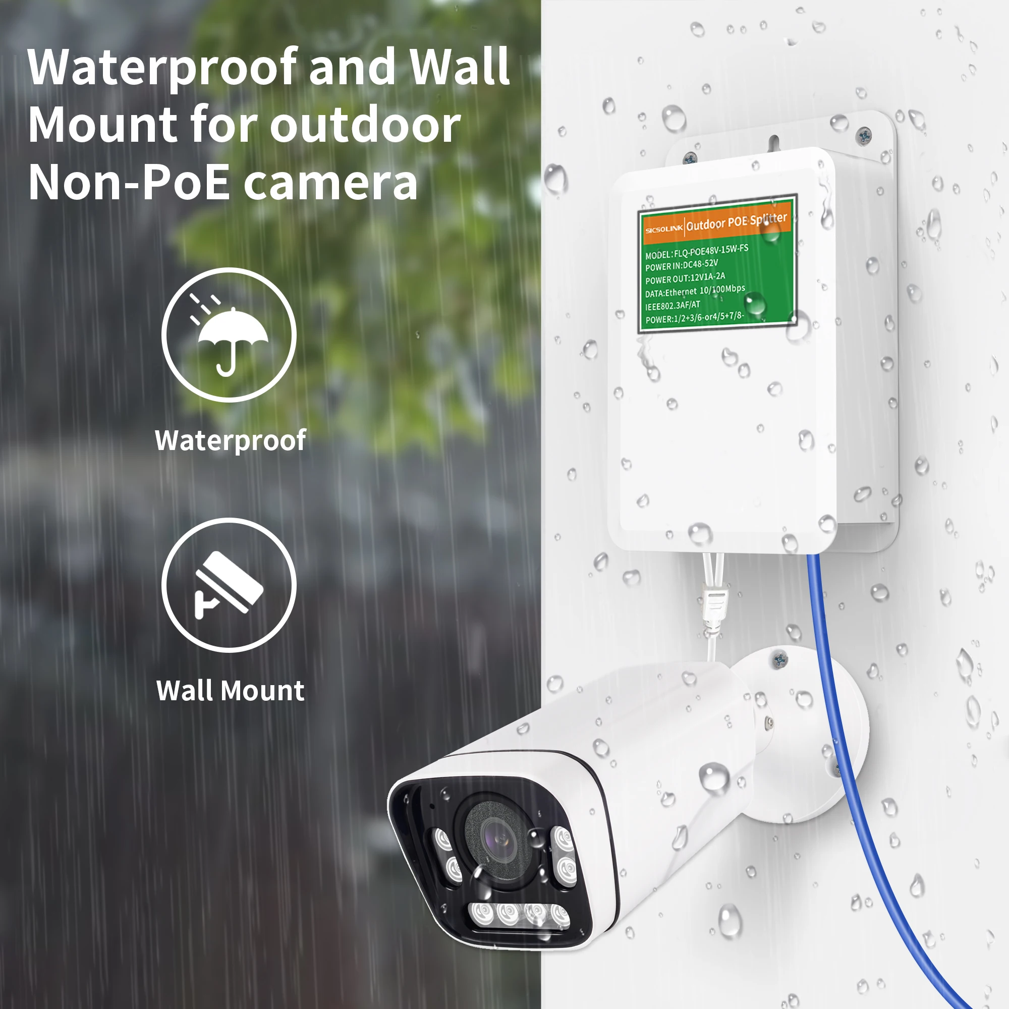 Impermeável POE Splitter Fonte de Alimentação, Alimentação Suporte IEEE802.3, Af, 10-100 Mbps, 48-52V Entrada para DC 12V, 1-2-2A Saída, RJ45 para DC, 5.5mm x 2.1mm