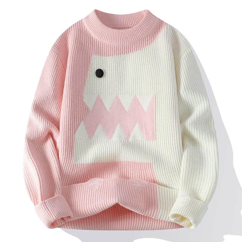 Harajuku Fun Dinosaur Sweater Autumn and Winter Warm Knitwear 2024 New Couple Splicing Design Couple Knit Pullover