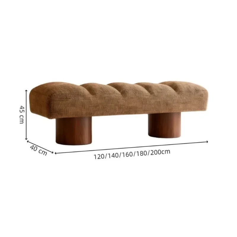 aMid Century Retro Corduroy Channel Tufted Bench Thick Round Wood Pillar Leg Long Stool Bedroom Foot End Hallway Accent Bench