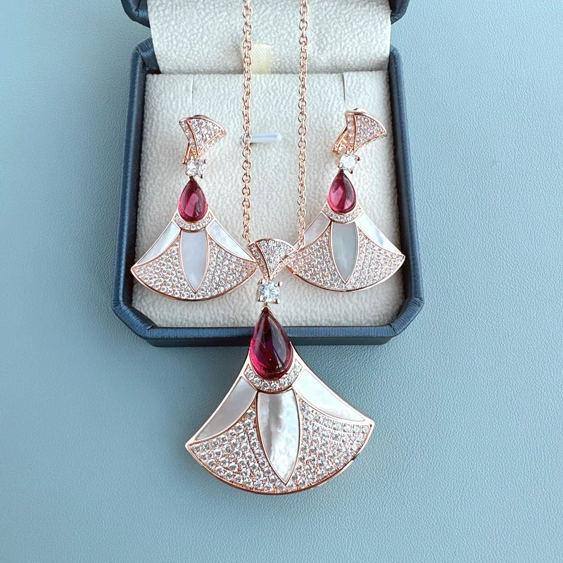 

Designer Fashion Style Necklace Earrings Women Lady Inlay Cubic Zircon Mother Of Pearl Plated Rose Gold Color Fan-shaped Pendant