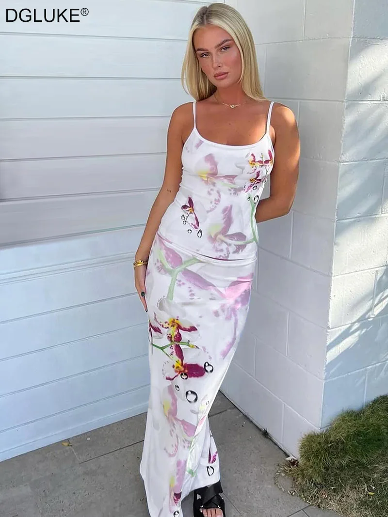 

DGLUKE Floral Print Summer Holiday Outfits Womens Cami Top And Long Skirt Sets 2 Piece Sexy Beach Club Outfit Matching Sets