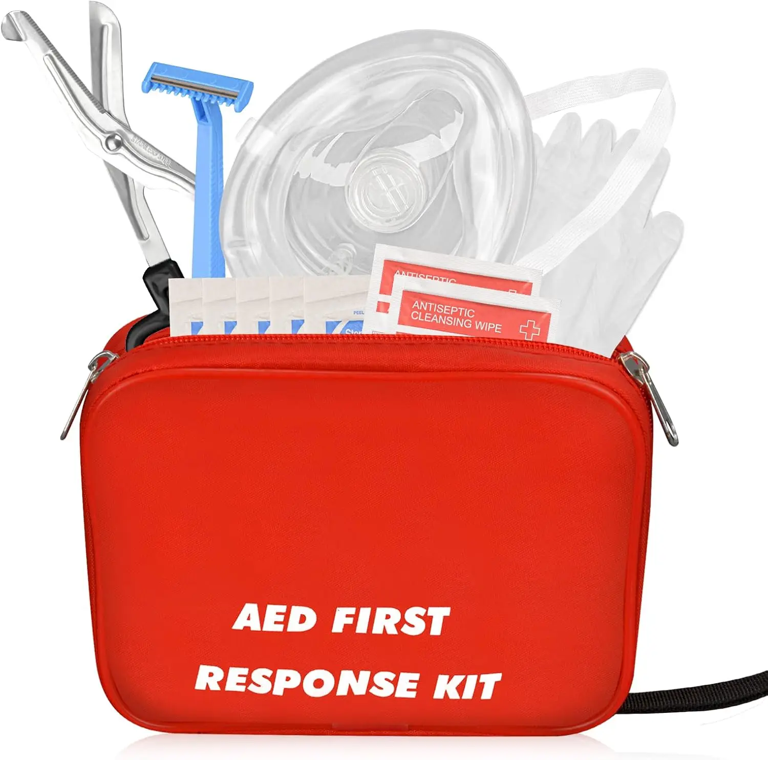 

Complete CPR Mask Kit for AED First with Gloves Razor Scissors Gauze Pads and Cleansing Wipe for AED Rescue Operation Training