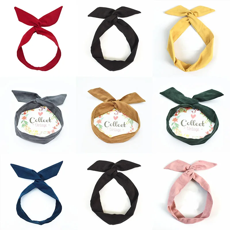 Suede Solid Color Bunny Ear Ribbon Womens Designer Headband Print Hair Ties Twist Hairband Metal Wire Scarf Hair Accessories