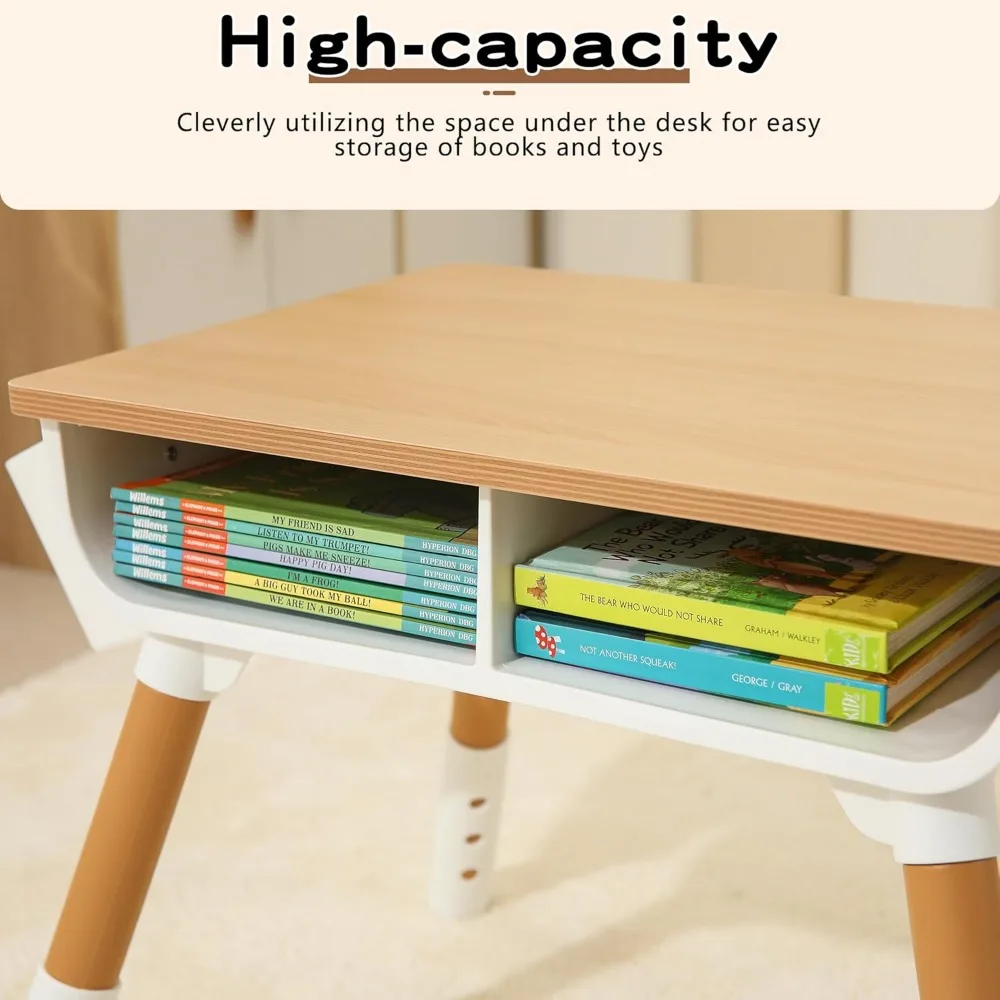 Kids Study Desk And Chair Set Height Adjustable Graffiti Desktop Storage Drawer Storage Basket non slip legs