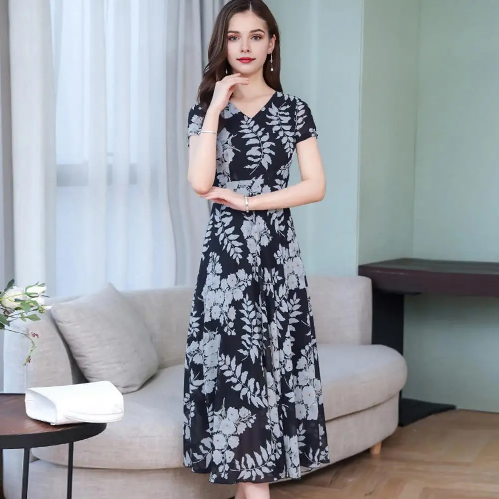 Summer Women Midi Dress Lelegant V-Neck Short Sleeve Waist Tight Casual Dress Leaf Printed Flowy Hem Office Dress For Dating