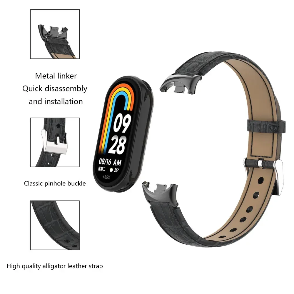 Leather Strap for Xiaomi Band 8, Metal Connector, Smart Sports, Personality, Replace the MI Band 8