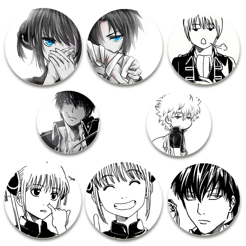 

Gintama HD Print Anime Badge Sakata Gintoki Kagura Cartoon Brooches for Backpack Clothes Accessory Round Handmade Pins Gifts
