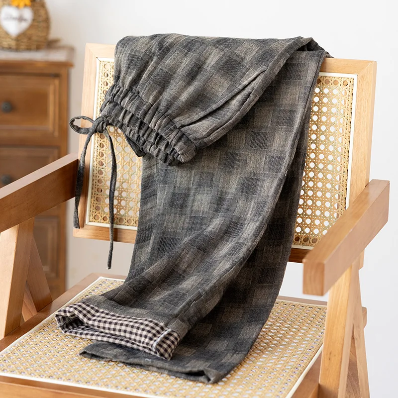 2025 primavera y otoño nueva pareja pantalones para dormir 100% algodón pantalones grandes para hombres y mujeres pantalones casuales a cuadros para el hogar